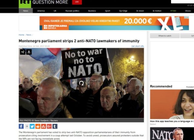 RT: Anti-NATO opozicionari izgubili imunitet zbog protivljenja ulasku CG u NATO