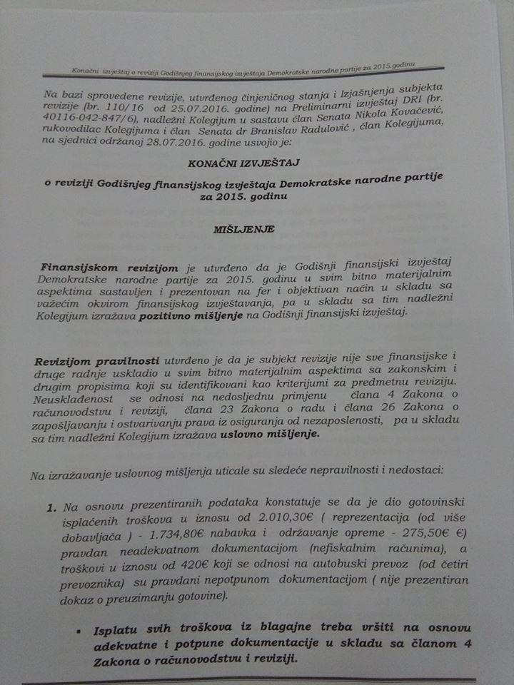Demokratska narodna partija dobila pozitivno mišljenje od DRI za Godišnji finansijski izvještaj za 2015 godinu